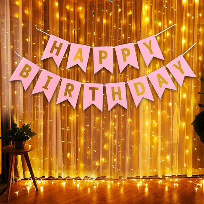 Party Propz Pink Happy Birthday Paper Banner With Led Light Decoration Items For Girls,Kids Bday Decorations Kit/Birtday Supplies/Lights Combo Pack Set/ Princess, First, 2nd, Cake Smash Theme