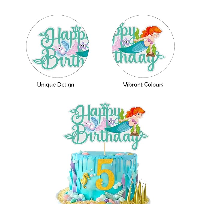 Party Propz Mermaid Cake Topper 5th Birthday - Mermaid Birthday Cake Topper | 5th Happy Birthday Cake Decoration | Cake Toppers | Cake Toppers Birthday for Girls | Cake Toppers for Cake Decoration