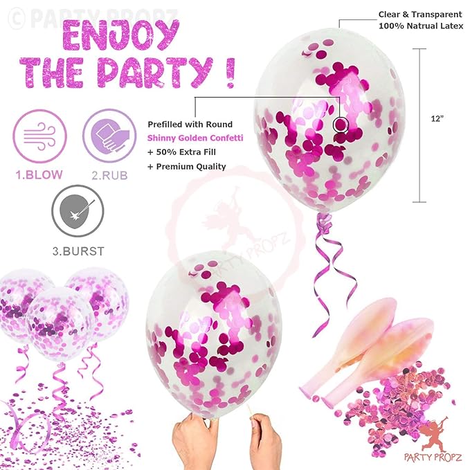 Party Propz 9Pcs Pink Confetti Balloons & Happy Birthday Banner Combo - For Girls Birthday Decoration Items Set -Girl Theme Balloons Decorations -Elegant Supplies ,Paper;Rubber