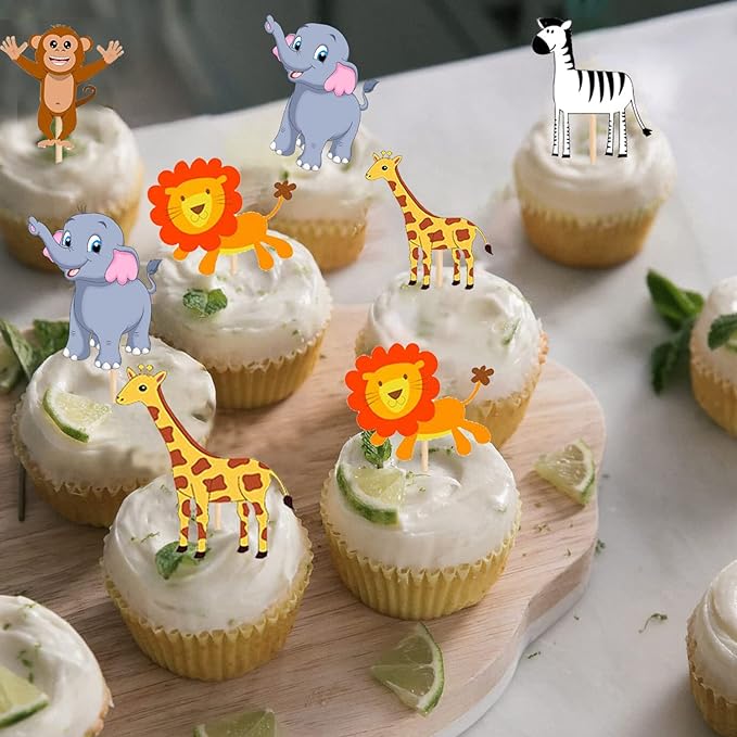 Party Propz Animal Cake Topper - 24Pcs Jungle Theme Cake Topper For Kids Baby - Cup Cake Topper Decoration, Cupcake Toppers Forest Pick, Jungle Theme Birthday Decoration, Animal Theme