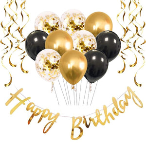 Party Propz 28Pcs Happy Birthday Foil Banner (cardstock), Black-Golden Balloons With Golden Confettie And Golden Swirls For Boys, Girls, Kids or Adults Birthday Decoration