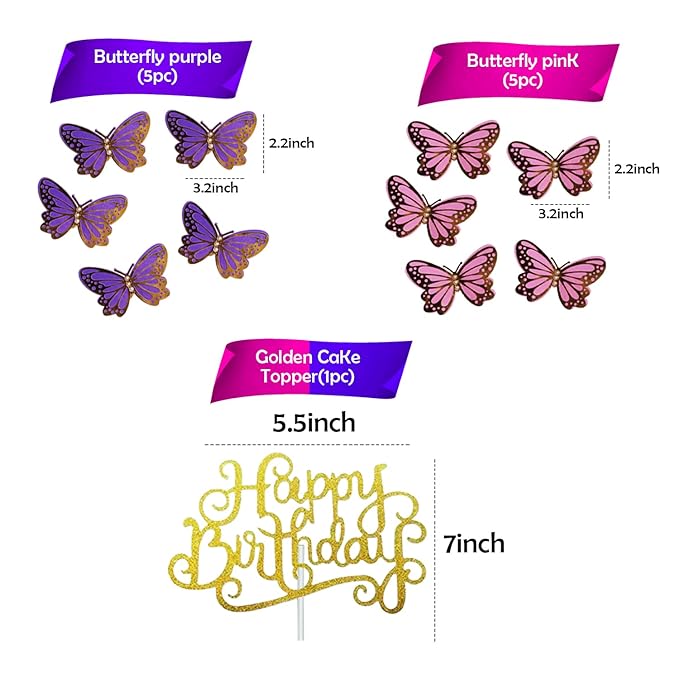 Party Propz Butterfly Cake Topper - Pack Of 11 | Golden Happy Birthday Cake Topper | Pink, Purple Butterfly For Cake Decoration | Birthday Cake Decoration Items | Birthday Decoration Items For Girls