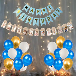 Party Propz First Birthday Decoration Items - Set of 33 Pcs 12 Months Photo Banner for Birthday(cardstock) | Happy Birthday Banner(cardstock) | Led Light for Birthday Decoration | Blue Birthday Decoration