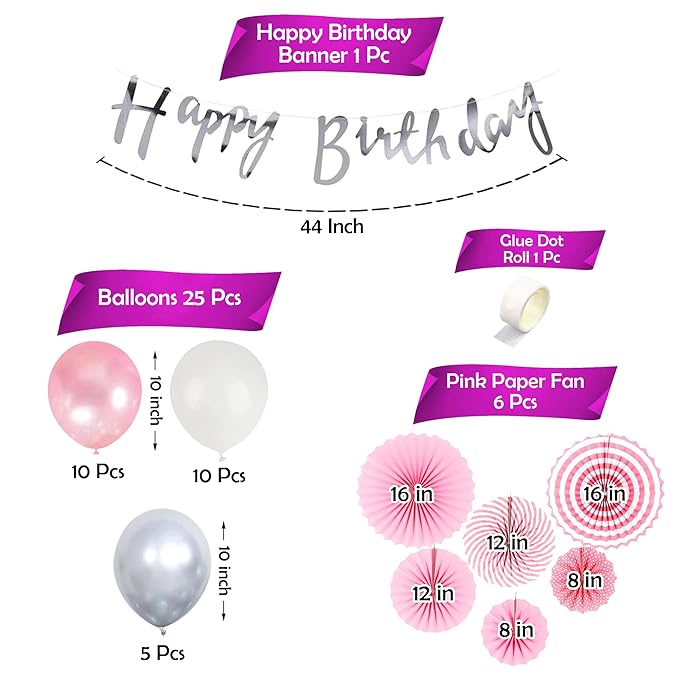 Party Propz Pink Birthday Decoration - 33Pcs Combo with Paper Fan Decoration | Pink Balloons For Birthday Decoration | Birthday Decoration Items For Girl | Pink Theme Birthday Decorations