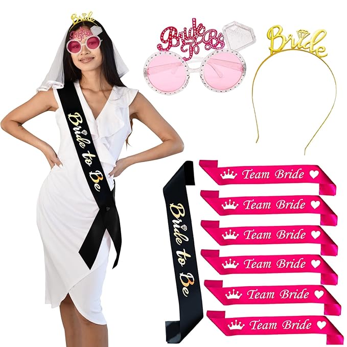 Party Propz Bride To Be Decoration Set Combo - Pack Of 9 Bride To Be Props With Golden Crown | Bridal Shower Sash For Bride | Team Bride Sash| Bachelorette Party Supplies | Bride To Be Eyeglass