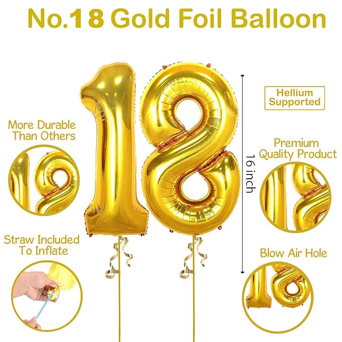 Party Propz 18th Birthday Decoration Items - 16 Inch Happy Anniversary Decoration Items | Gift for Girls Birthday Special 18+ Years | Foil Balloons for Decoration | Golden Balloons for Decoration