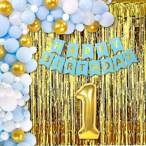 Party Propz Birthday Decoration kit for 1st Birthday Boys- 28Pcs with Foil Curtain / Bday Supplies Items with Blue HBD Bunting, Number Foil Baloons/1st Birth Day Props for Kids, Baby/Newborn Gifts Set