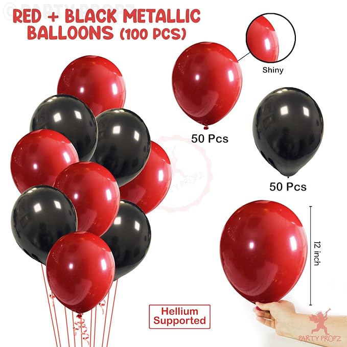 Party Propz Balloons For Decoration - 100 Pieces Red And Black Balloons For Decoration / Ballons For Birthday Decorations / Balloon Birthday Decoration / Metallic Balloons For Decoration, Red