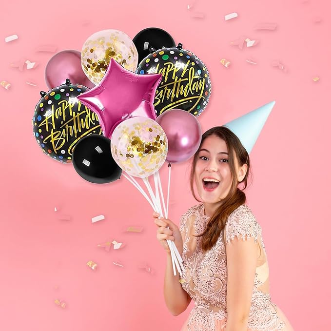 Party Propz Birthday Balloons for Decoration - 10 Pcs Happy Birthday Balloons for Girls | Confetti Balloons | Foil Balloons for Birthday | Pink and Black Balloons for Birthday Decoration