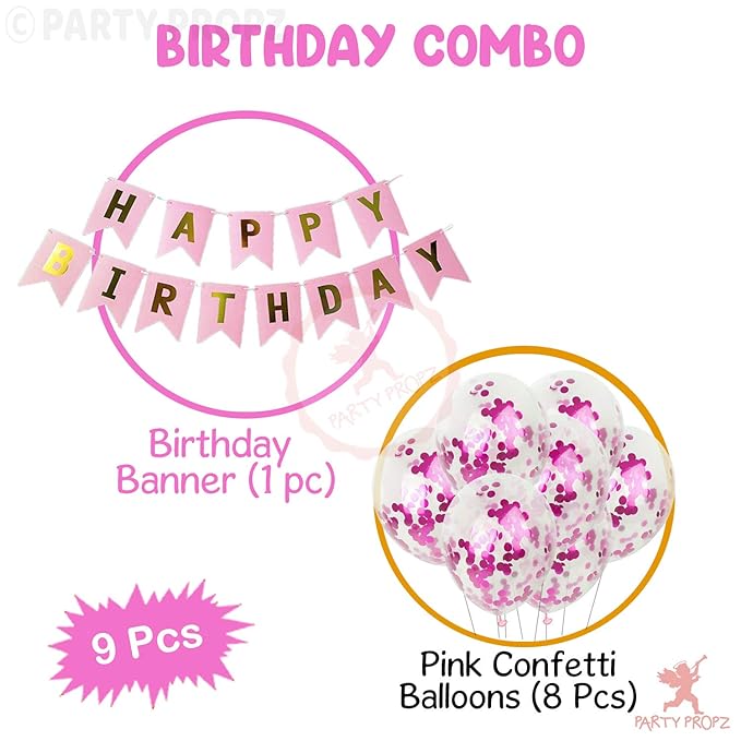 Party Propz 9Pcs Pink Confetti Balloons & Happy Birthday Banner Combo - For Girls Birthday Decoration Items Set -Girl Theme Balloons Decorations -Elegant Supplies ,Paper;Rubber