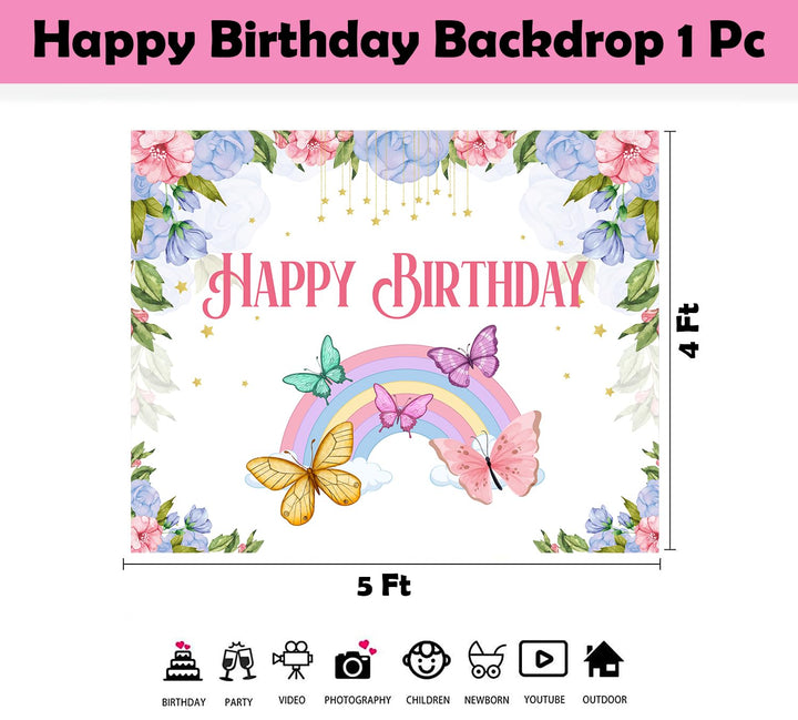 Party Propz Happy Birthday Butterfly Backdrop Banner - Backdrop for Decoration (4x5 Ft) | Birthday Decoration Items | Butterfly Theme Birthday Party Decorations | Happy Birthday Banner