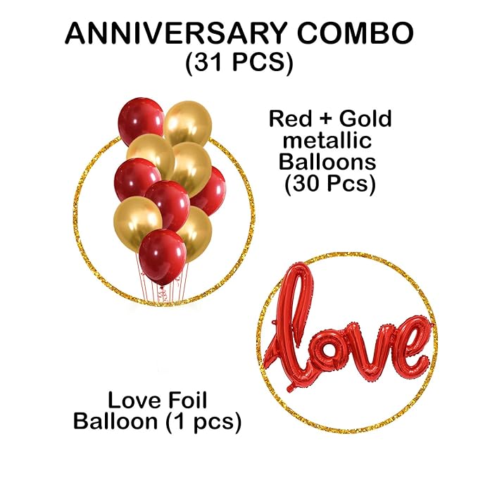 Party Propz Red and Gold Balloons For Decoration- Set of 31pcs Anniversary Decoration Items | Birthday Decoration Items | Love Foil Balloon | Red Balloons For Decoration | Anniversary Balloons