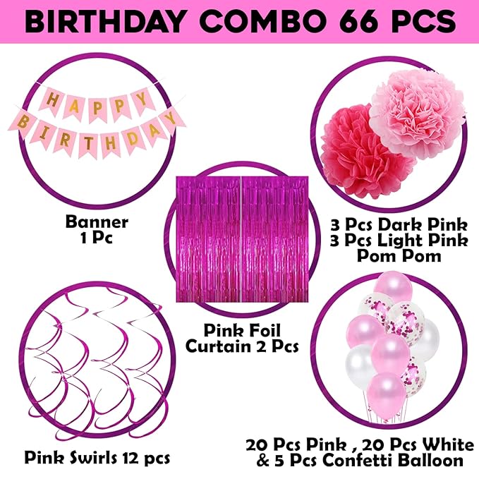 Party Propz Happy Birthday Decorations For Girls - Pink Birthday Combo With Happy Birthday Paper Banner (cardstock), Pink Pom Pom, Foil Curtain, Swirls & Confetti Balloons For Girls, Women - 66Pcs