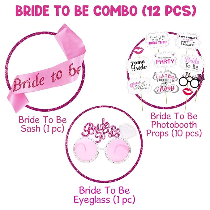 Party Propz Bride to Be Decoration Set - 12Pcs Bride to Be Decoration Set Combo | Bride to Be Props For Bachelorette Party | Bride to Be Sash, Eyeglass | Bridal Shower Decorations Kit | Bride to Be