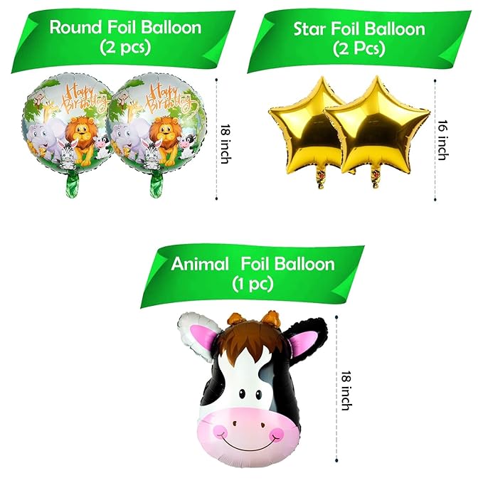 Party Propz Happy Birthday Foil Balloon-Set Of 5 Animal Foil Balloons|Balloon Decoration For Birthday|Cow Foil Balloon|Jungle Theme Balloons For Decoration| Happy Birthday Decoration Kit||Multicolor