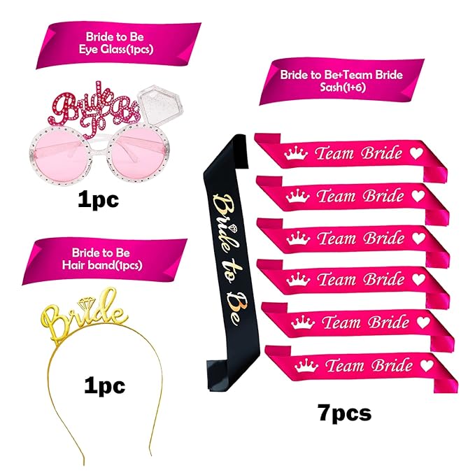 Party Propz Bride To Be Decoration Set Combo - Pack Of 9 Bride To Be Props With Golden Crown | Bridal Shower Sash For Bride | Team Bride Sash| Bachelorette Party Supplies | Bride To Be Eyeglass