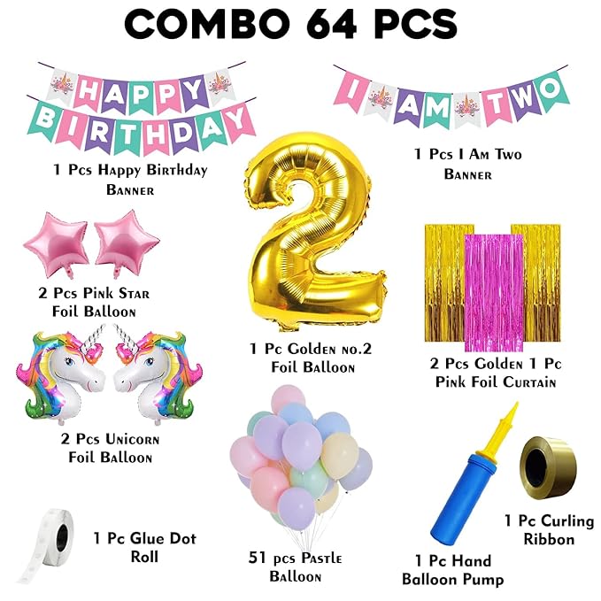 Party Propz Unicorn Decoration For Birthday Girls - Huge 64 Pcs, 2nd Birthday Decorations For Girls | Unicorn Set For Birthday | Pastel Balloons For Decoration | Birthday Decoration Kit | Foil Curtain