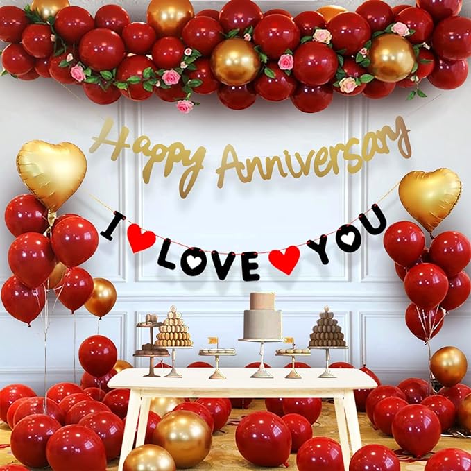 Party Propz Happy Anniversary Decoration Items Kit - 45Pcs Red Wedding Anniversary Decoration Items|Golden Banner|I Love You Banner|Anniversary Decoration For Couple,Boyfriend,Husband