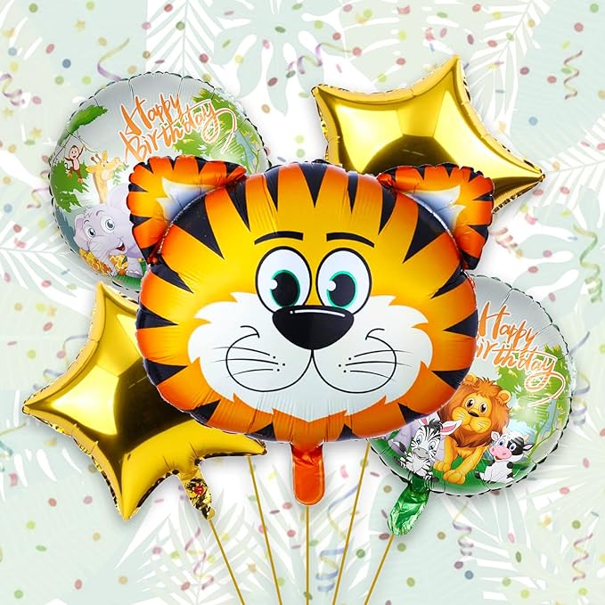 Party Propz Happy Birthday Foil Balloon - Set of 5 Animal Foil Balloons | Tiger Foil Balloon | Balloon Decoration for Birthday | Happy Birthday Decoration Kit | Jungle Theme Balloons for Decoration