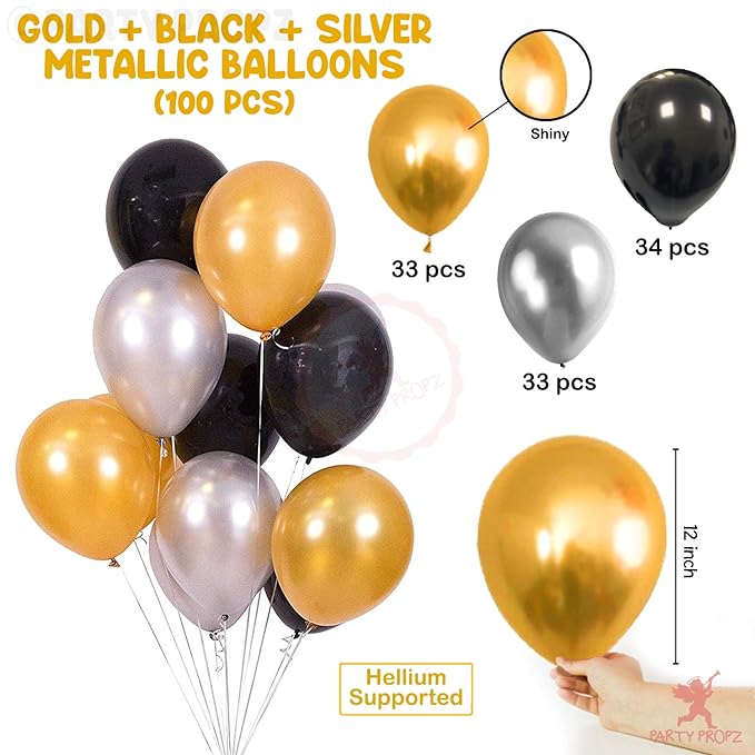 Party Propz Black Balloons For Decoration-Set Of 100 Pcs Golden Balloons|Black&Golden,Golden Balloons|Metallic Balloons For Decoration|Balloons For Decoration Birthday,Anniversary,Baby Shower