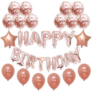 Party Propz Rose Gold Theme Happy Birthday Banner (cardstock) With Latex, Star Foil And Printed Confettie Balloons 19Pcs For Girls Party Decoration