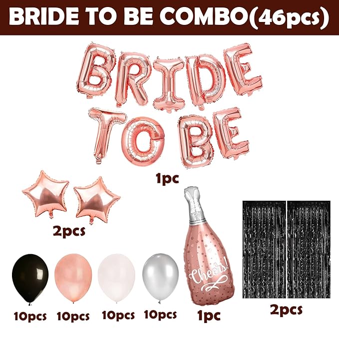 Party Propz Bride to Be Decoration Set Combo - 46Pcs Bridal Shower Decorations Kit | Bachelorette Party Decorations | Fringe Curtains | Rose Gold Bride to Be Balloons Set | Bridal Party Decorations