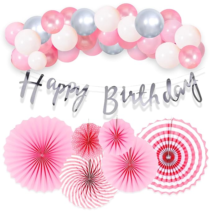 Party Propz Pink Birthday Decoration - 33Pcs Combo with Paper Fan Decoration | Pink Balloons For Birthday Decoration | Birthday Decoration Items For Girl | Pink Theme Birthday Decorations