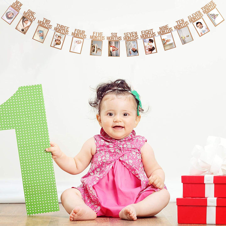 Party Propz 1-12 Month Photo Frame Banner - Set of 1 Photo Banner for First Birthday(Cardstock) | Baby Photo Frame 0 to 12 Months | New Born 0 to 12 Month Photo Banner | Bday Photo Banner 1st Birthday