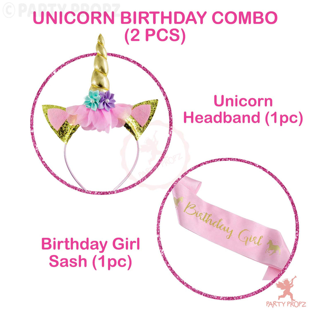 Party Propz Unicorn Birthday Girl Set - 2 Pcs Gold Unicorn Headband And Pink Satin Sash for Baby Girls | Unicorn Hair Band For Girls | Happy Birthday Girl Sash And Crown | Birthday Decoration Item