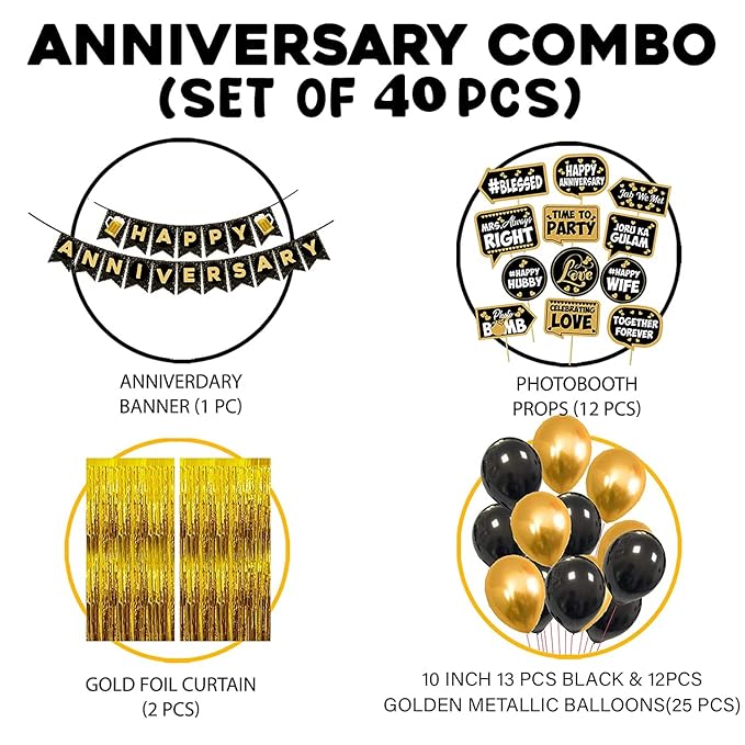 Party Propz Golden Anniversary Decoration Items Kit - 40Pcs Happy Anniversary Balloons | Anniversary Balloons for Decoration | Happy Anniversary Decoration | Happy Anniversary Banner