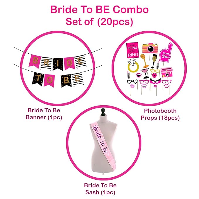 Party Propz Bride To Be Decoration Set Combo - Elegant 20 Pcs | Bride To Be Sash, Bride To Be Props | Bride To Be Banner | Birthday Sash for Girls | Bride To Be Props For Bachelorette Party