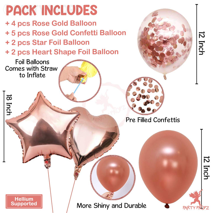 Party Propz 13Pcs Rose Gold Balloons Combo For Birthday Decoration Items| rose gold birthday décor | birthday balloons| rose gold confetti balloons