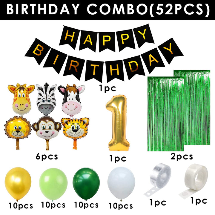 Party Propz 1st Birthday Decoration - 52Pcs, Jungle Theme Birthday Decoration For Boys, Girls | Happy Birthday Decoration Items | First Birthday Decorations With Balloons, Birthday Banner(Cardstock)