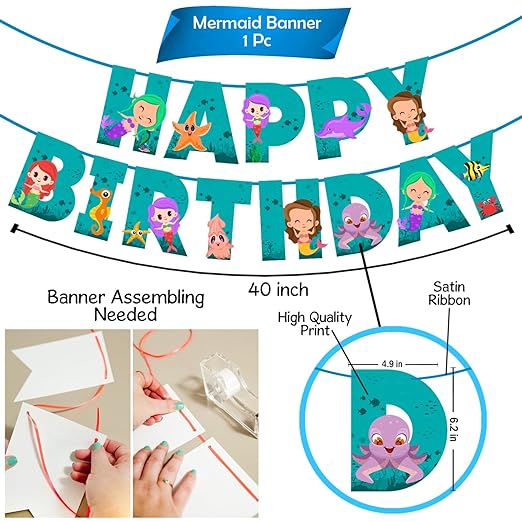 Party Propz Mermaid Theme Birthday Banner(cardstock) - Set of 1 Pcs Happy Birthday Banner(cardstock) | Mermaid Theme Birthday Decorations | Birthday Decoration Mermaid | Birthday Banner For Girls(cardstock)