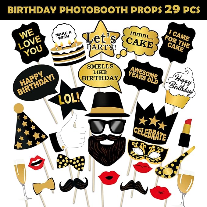 Party Propz Birthday Photo Booth Props 29Pcs Set with Funny Crown Fun Mask Hats Beard Happy Face Wig Mustache Prop for Kids Selfie Photobooth,Birthdays Parties Items Decorations Supplies
