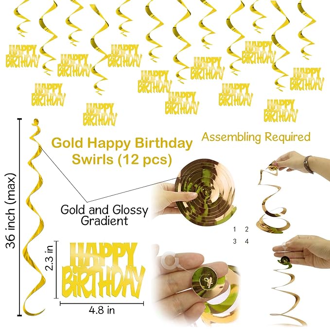 Party Propz 43 Pcs Black & Gold Happy Birthday Banner, Balloons, Swirls Decoration Combo for 21st / 30th / 40th / 50th / 60th / Women / Adult / Kids Birthday Decoration