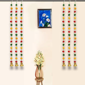 Party Propz Pom Pom Hangings for Decoration - 6pcs Handmade Wall Hangings Latkans for Decoration | Bandarwar Decoration Item | Pom Pom Latkan with Golden Bells for Decoration