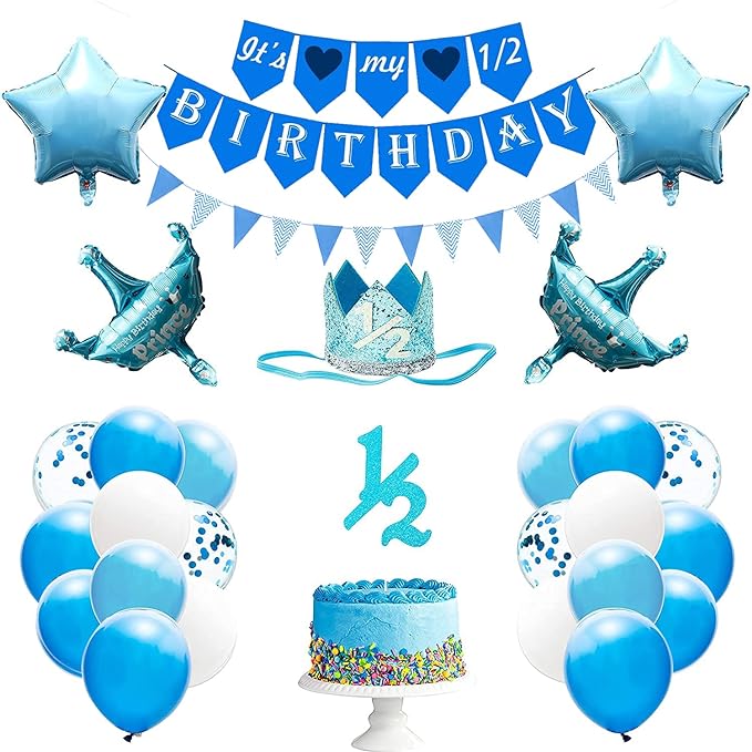 Party Propz Paper Its My Half Birthday Decorations Set -Blue Glitter Banner, Cake Toppers, Star, Crown Balloon, Confetti Balloons - Half Birthday Decoration For Baby Boy or baby girl, 1/2 Birthday