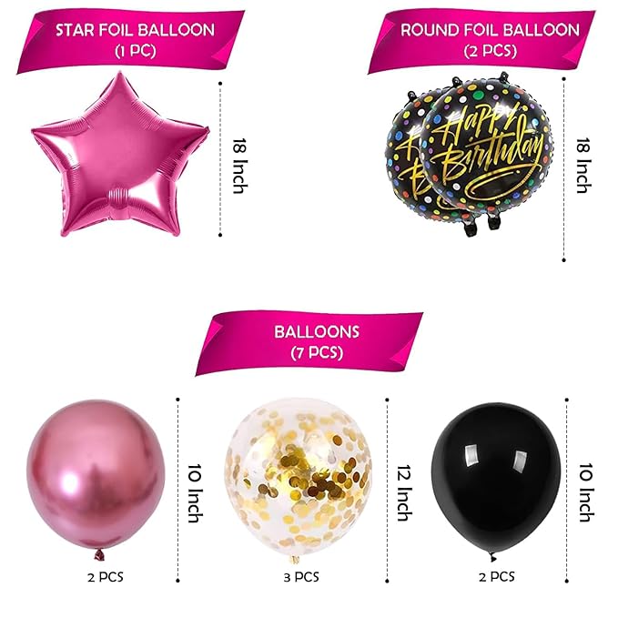 Party Propz Birthday Balloons for Decoration - 10 Pcs Happy Birthday Balloons for Girls | Confetti Balloons | Foil Balloons for Birthday | Pink and Black Balloons for Birthday Decoration