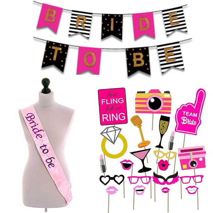 Party Propz Bride To Be Decoration Set Combo - Elegant 20 Pcs | Bride To Be Sash, Bride To Be Props | Bride To Be Banner | Birthday Sash for Girls | Bride To Be Props For Bachelorette Party