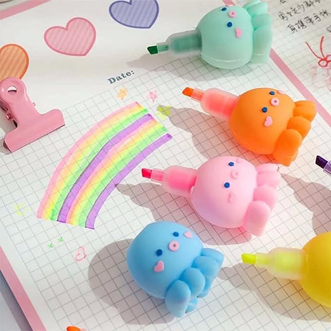 Party Propz Cute Highlighter for Kids - Set of 6 Highlighter Stationery | Pastel Highlighter Korean | Korean Highlighter Pen | Aesthetic Octopus Highlighter for Study | Cute Stationery for Girls