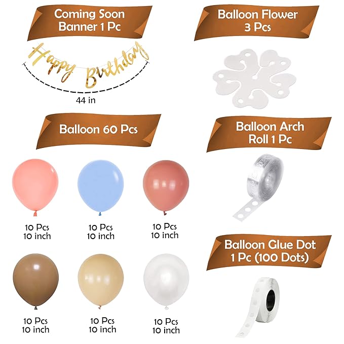 Party Propz Rubber Pastel Birthday Decoration Items-66 Pcs Birthday Balloons For Birthday Decoration|Pastel Colour Balloons|Golden Happy Birthday Banner|Brown Theme Birthday Decoration For Boys