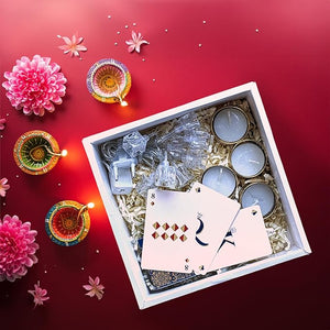 Party Propz Diwali Decoration Items Gift Box - Diwali Gift Items for Family | Ice Cube Lights | Diwali Gift Pack with Diyas | Diwali Diyas for Home Decoration | Diwali Gift Hampers | Playing Cards |