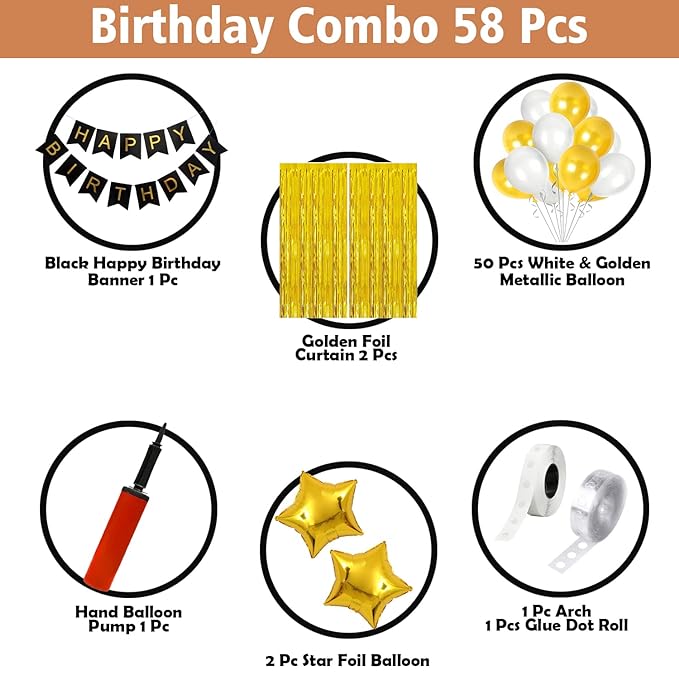 Party Propz Happy Birthday Decoration For Husband Kit Combo Set - 58pcs Birthday Bunting Metallic Balloons With Balloon Pump & Glue Dot - Happy Birthday Decorations Items