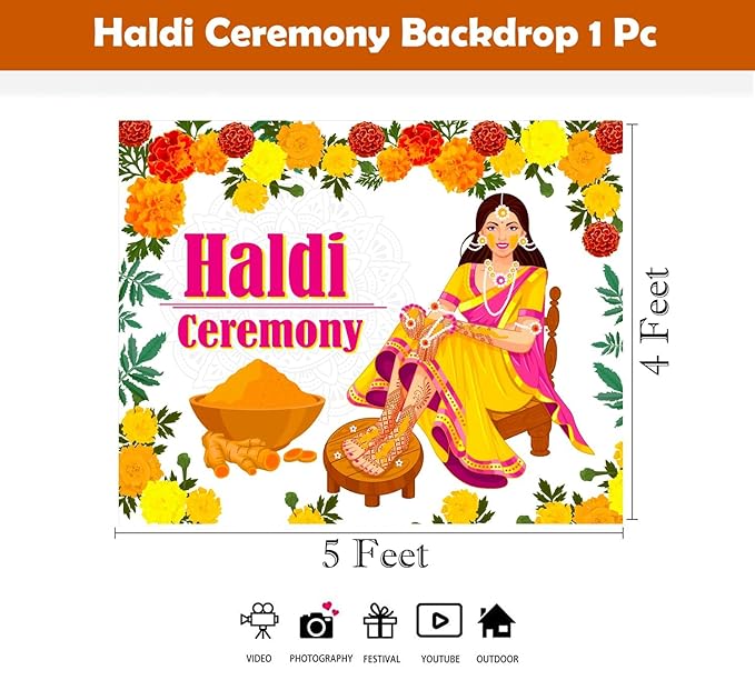 Haldi Backdrop Decoration Cloth - Backdrop Cloth for Decoration (4x5 Ft) | Haldi Decoration Items for Marriage | Haldi Ceremony Decoration | Haldi Banner for Decoration | Wedding Decoration Items