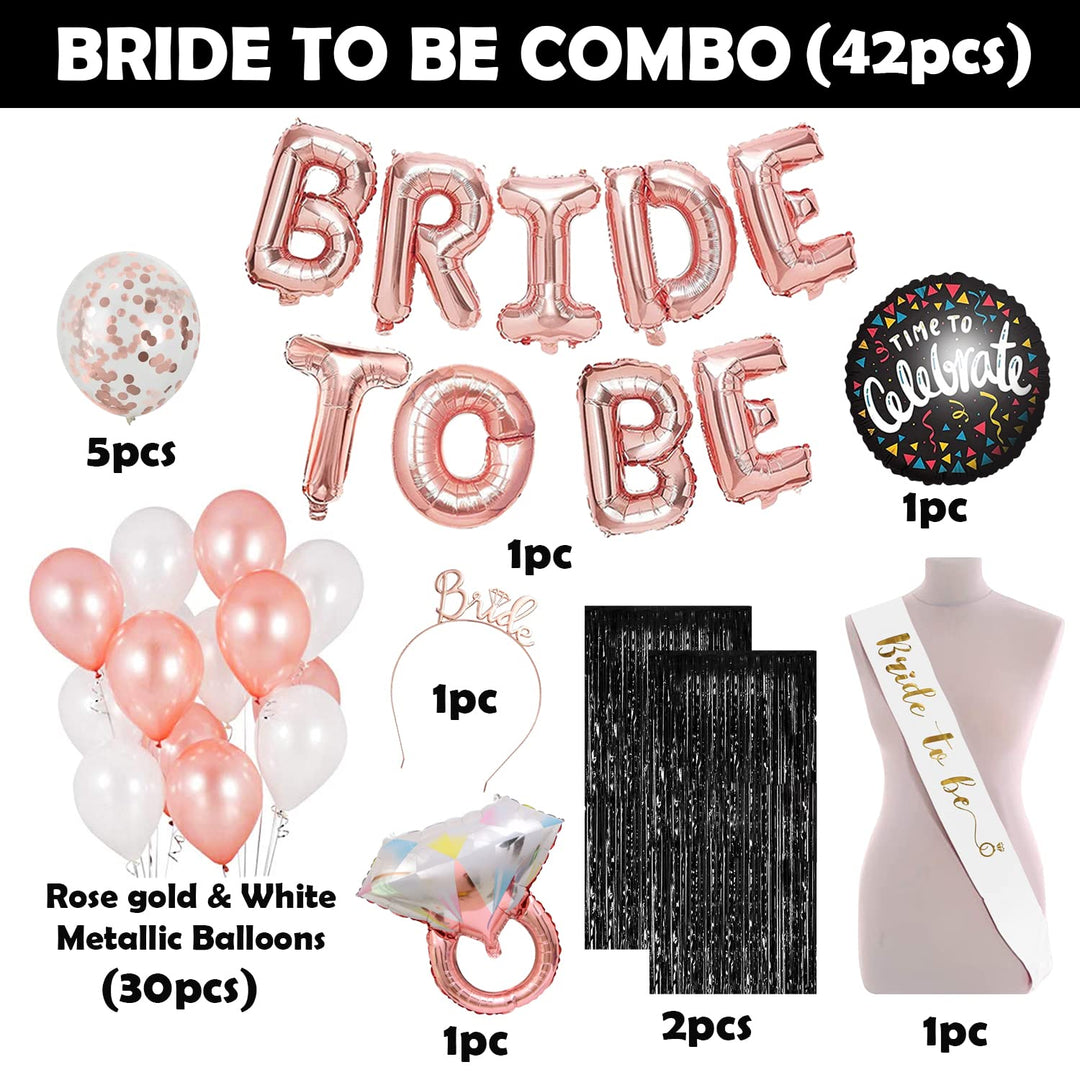 Party Propz Bride To Be Decoration Set Combo- 42pcs Bachelorette Party Decorations | Bride To Be Sash and Crown | Bridal Shower Decorations | Bride To Be Foil Banner, Ring Foil Balloon, Foil Curtains