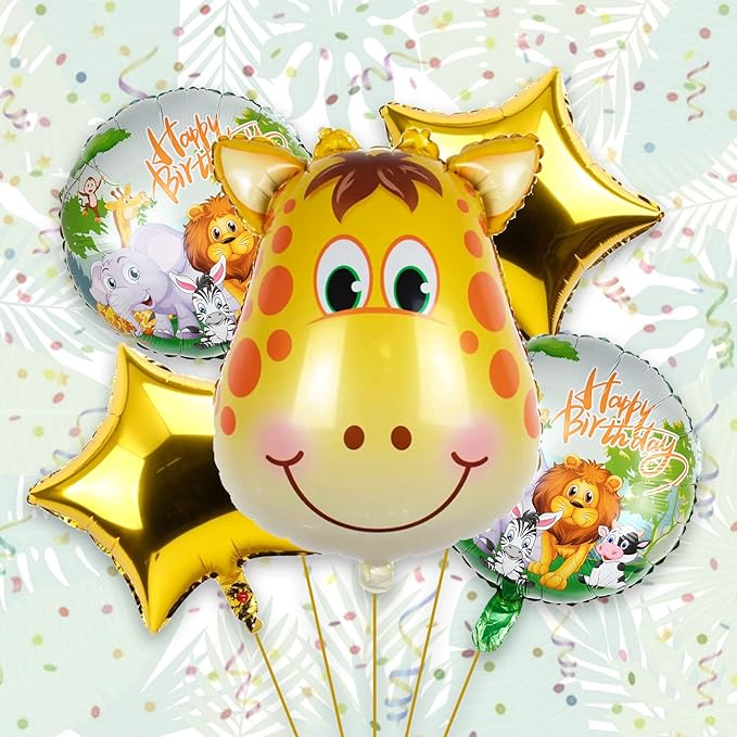 Party Propz Happy Birthday Foil Balloon-Set Of 5 Animal Foil Balloons|Balloon Decoration For Birthday|Cow Foil Balloon|Jungle Theme Balloons For Decoration| Happy Birthday Decoration Kit||Multicolor