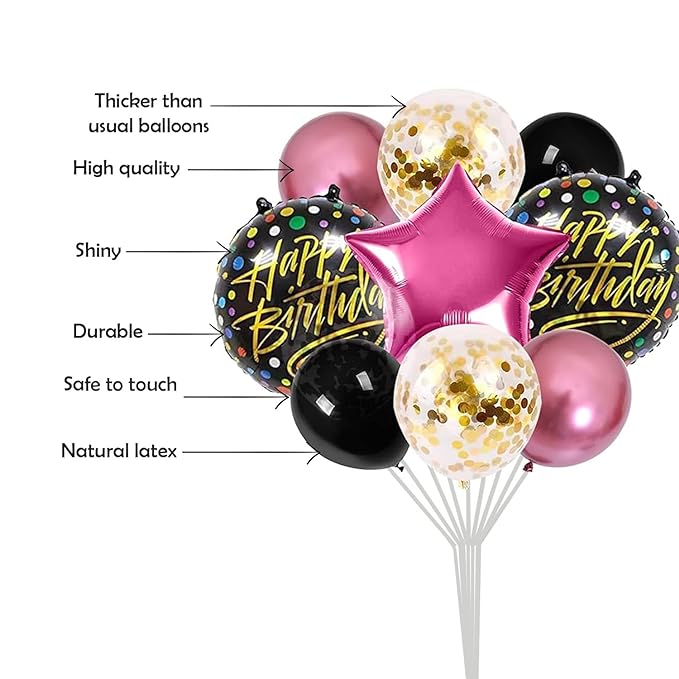 Party Propz Birthday Balloons for Decoration - 10 Pcs Happy Birthday Balloons for Girls | Confetti Balloons | Foil Balloons for Birthday | Pink and Black Balloons for Birthday Decoration