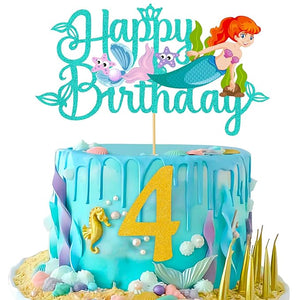 Party Propz 4th Birthday Mermaid Cake Topper - 1 Set Mermaid Theme Birthday Decorations | Little Mermaid Cake Topper | 4th Birthday Decoration for Girls | Mermaid Cake Topper | Cake Toppers For Cake Decoration