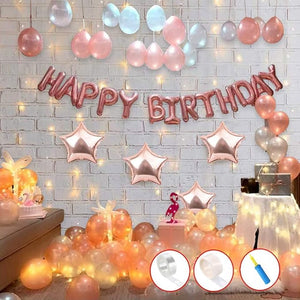 Party Propz Rose Gold Birthday Decoration Kit-78Pcs Star Foil Balloons with Happy Bday Banner (cardstock) Led Light and Hand Balloon Pump for Baby Girls, Women, Wife Theme Celebration Items